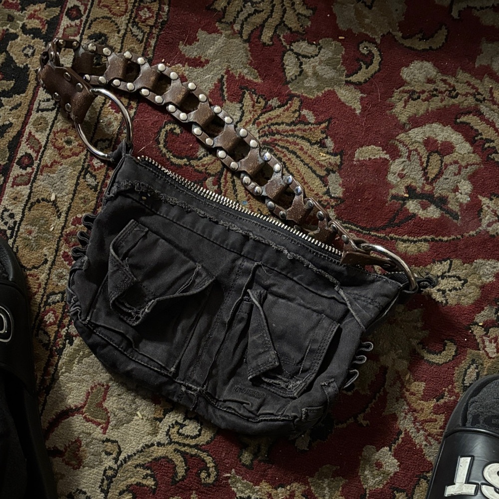 Brown and Black Men's Belt Bag with Studded Strap